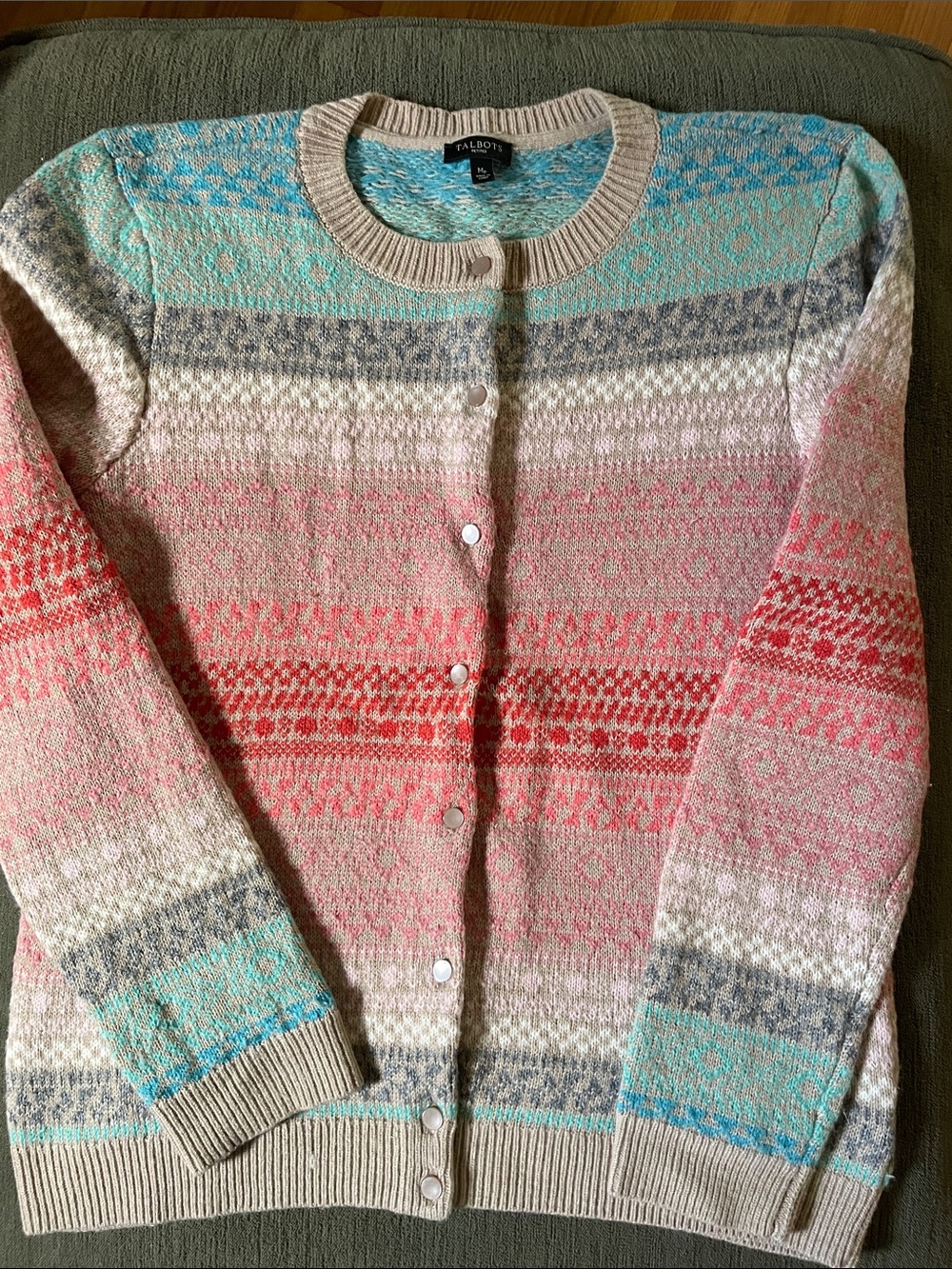 Talbots Multicolor Fair Isle Cardigan - Coral, Aqua & Neutral